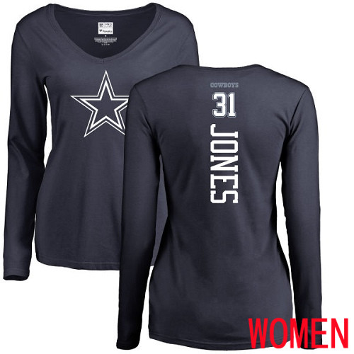 Women Dallas Cowboys Navy Blue Byron Jones Backer Slim Fit #31 Long Sleeve Nike NFL T Shirt->women nfl jersey->Women Jersey